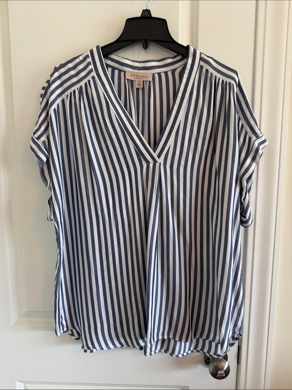 Philosophy Navy & White Vertical Stripe V-Neck Blouse